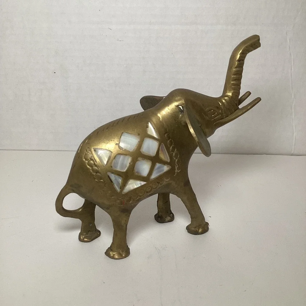 Vintage Brass Elephant Figurine Mother of Pearl Inlay Trunk Up Good Luck Decor